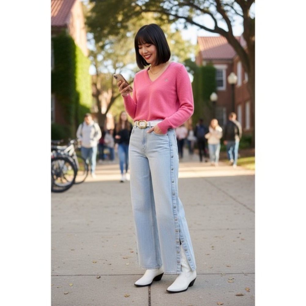 Y2K Peach Love California Light Wash Side Button Wide Leg Jeans Small Raw Hem 28